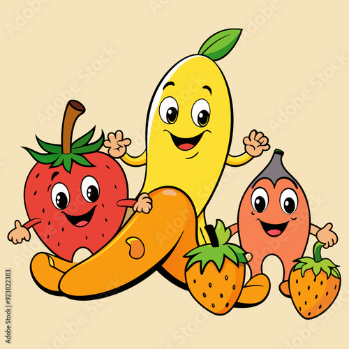 banana strawberry orange mangoes are happy breakfast vector illustration