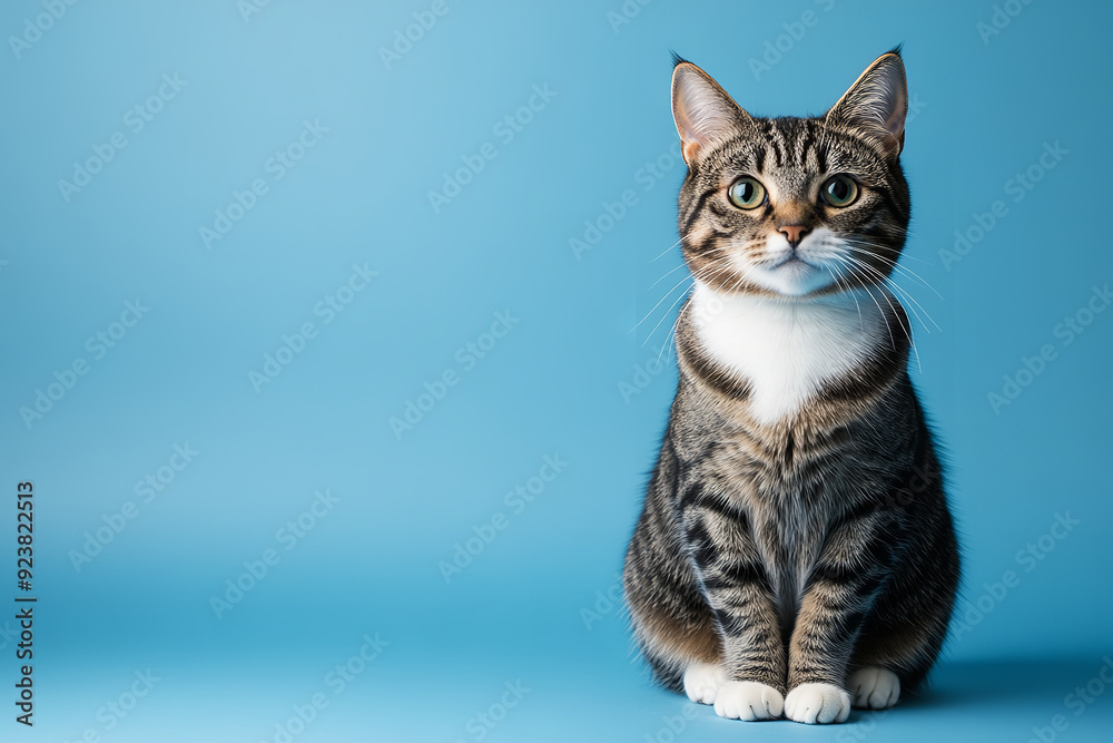 Fototapeta premium A studio shot features a gray and white striped cat sitting gracefully against a solid blue background.