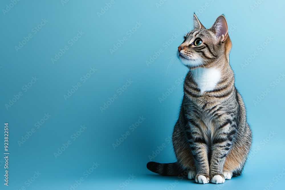 © Cadengo - A studio shot features a gray and white striped cat sitting gracefully against a solid blue background.