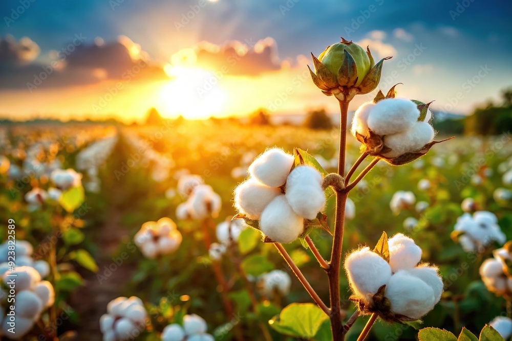 Soft, fluffy cotton bolls stand upright and ripe for harvest in a lush green field, with gentle sunlight casting a warm glow on the textile treasure. Soft, fluffy cotton bolls stand upright and ripe for harvest in a lush green field, with gentle sunlight casting a warm glow on the textile treasure.