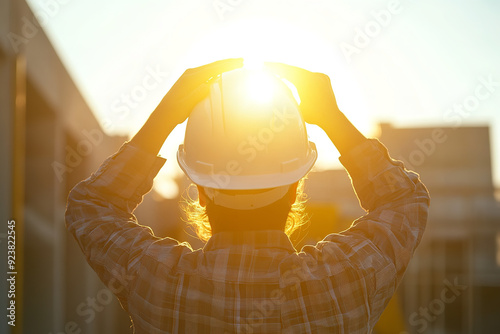 A technician holds a white safety hard hat against a backdrop of bright sunlight. photo