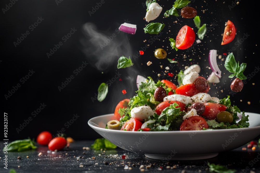 A dynamic shot of a fresh Greek salad with feta cheese, tomatoes, olives, and vibrant greens, captured mid-air with ingredients in motion. A dynamic shot of a fresh Greek salad with feta cheese, tomatoes, olives, and vibrant greens, captured mid-air with ingredients in motion.