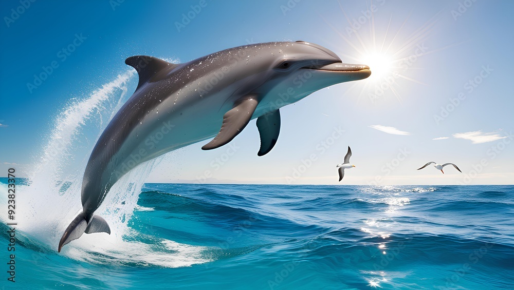Naklejka premium Majestic Dolphin Leaping over the Ocean at Sunset