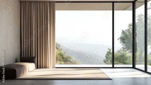 Modern minimalist window design with black frames, complemented by neutral-toned curtains