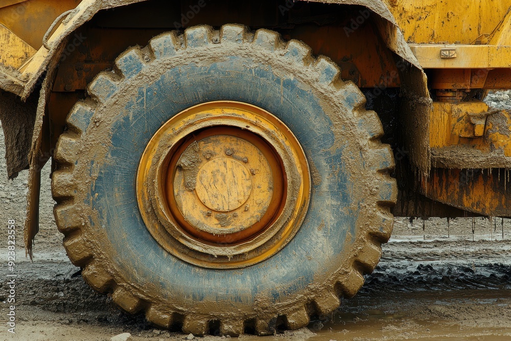 Close-up of muddy construction vehicle tire on site Close-up of muddy construction vehicle tire on site