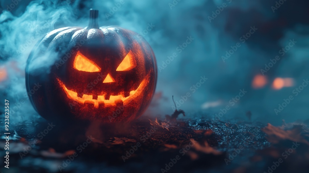 Naklejka premium Glowing pumpkin with a sinister mask carved into its face, surrounded by eerie fog, Halloween, spooky ambiance