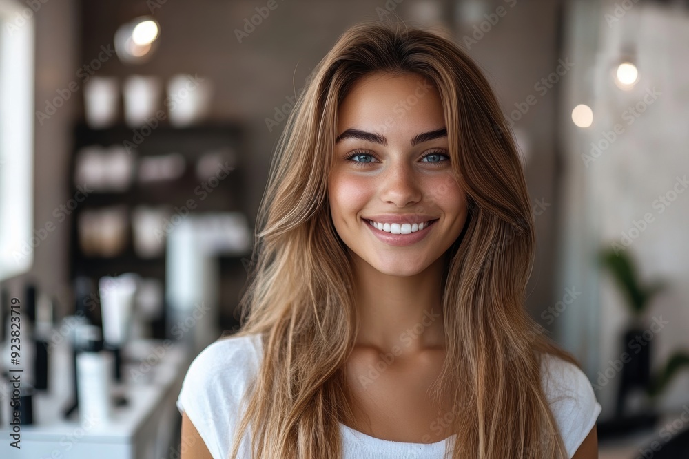 Portrait of a smiling young woman in a hair salon showcasing her natural beauty and perfect hairstyle. The setting exudes warmth and professionalism with beauty products in background. Generated AI Portrait of a smiling young woman in a hair salon showcasing her natural beauty and perfect hairstyle. The setting exudes warmth and professionalism with beauty products in background. Generated AI