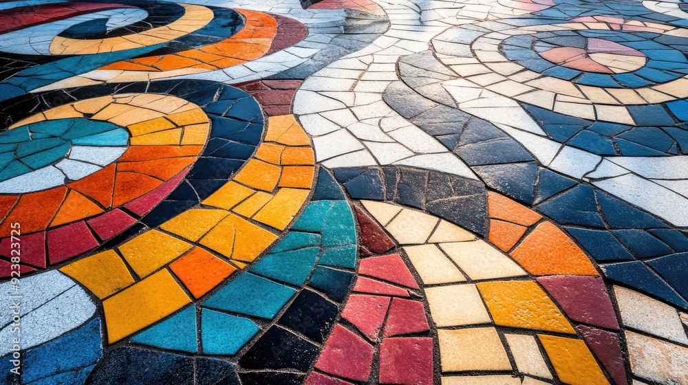 Mosaic pavement in a public square, with colorful tiles creating artistic patterns Mosaic pavement in a public square, with colorful tiles creating artistic patterns
