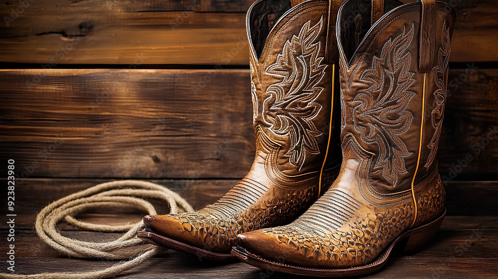 Intricately designed cowboy boots rest beside a lasso against a weathered wooden backdrop.
Intricately designed cowboy boots rest beside a lasso against a weathered wooden backdrop.
