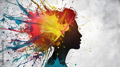 Outline of a lady with sprinkles of dynamic paint on a white foundation, mirroring the idea of inventiveness and opportunity