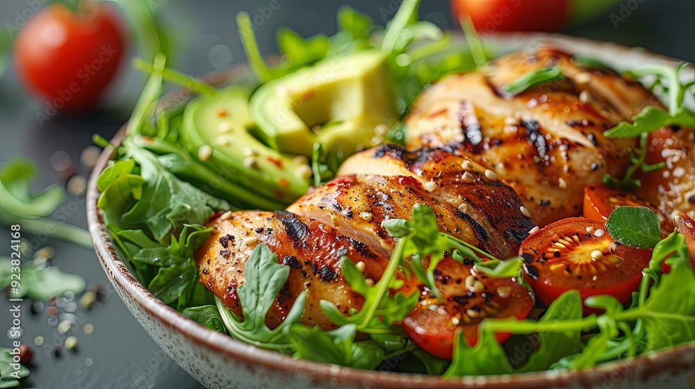 Healthy food diet, Grilled chicken meat and fresh vegetable salad of tomato and avocado Healthy food diet, Grilled chicken meat and fresh vegetable salad of tomato and avocado