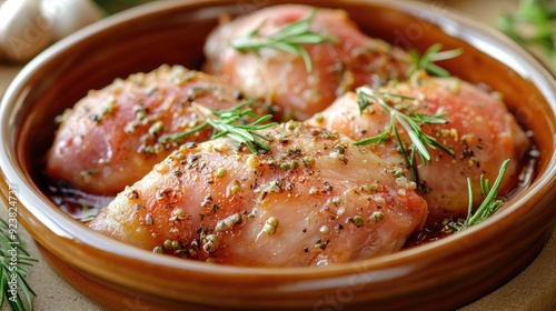 Raw marinated chicken thighs in a ceramic dish with herbs and spices, ready to be cooked.