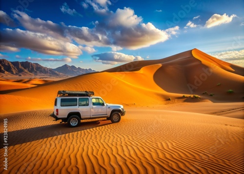 A rugged off-road vehicle stands alone in the vibrant red sand dunes of Namib Desert, bathed in warm sunlight on a clear day in Sossusvlei, Namibia.