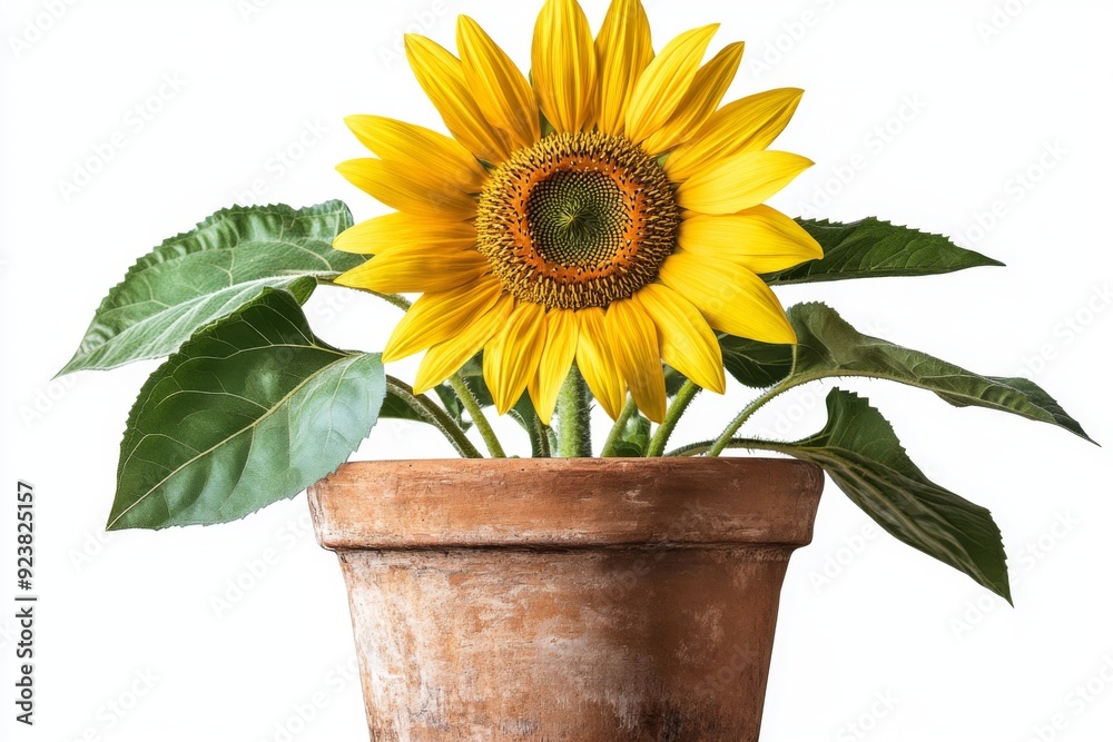 Obraz premium Sunflower in an Isolated Flowerpot on a White Background: A Symbol of Happiness and Positive Energy in Simplicity