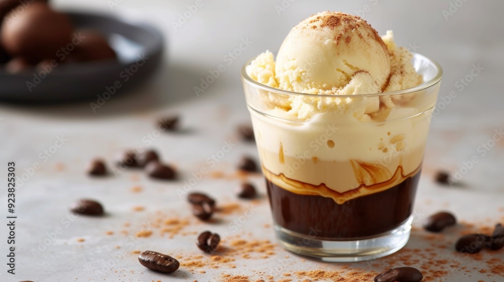 A delicious affogato dessert with a scoop of vanilla ice cream topped with a shot of hot espresso A delicious affogato dessert with a scoop of vanilla ice cream topped with a shot of hot espresso