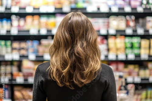 Woman contemplating grocery choices in supermarket aisle