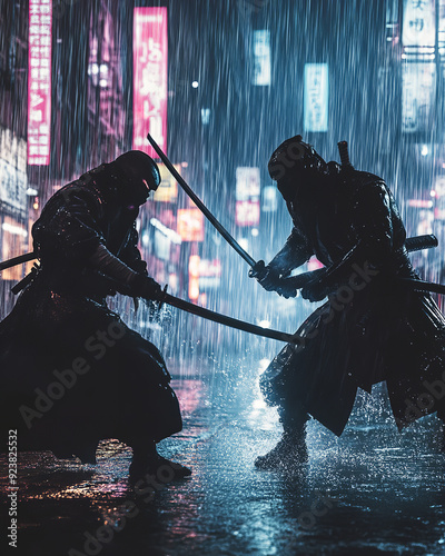 Two ancient swordsmen were competing on the street in the night rain, with swords and swords colliding and sparks flying. Raindrops fell on the swords, splashing water photo