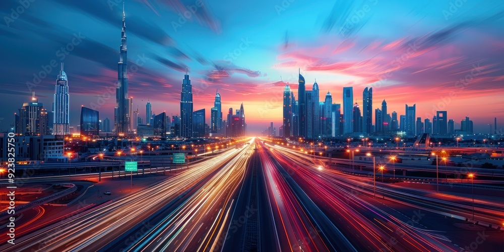 Fototapeta premium Dubai Skyline at Sunset with Light Trails