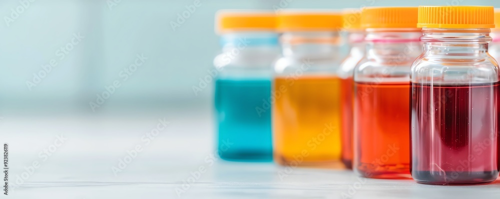 Row of colorful glass bottles with liquid, on a white table. Row of colorful glass bottles with liquid, on a white table.