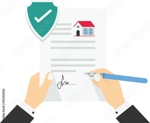 Business contract, mortgage and rental. Real estate agent or broker. Safe property purchase deal, transaction security. Flat vector illustration.

