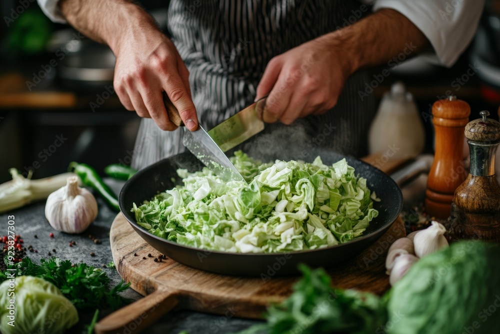 A chef's hands skillfully chopping fresh cabbage in a kitchen, surrounded by other fresh vegetables, preparing for a delicious meal. A chef's hands skillfully chopping fresh cabbage in a kitchen, surrounded by other fresh vegetables, preparing for a delicious meal.