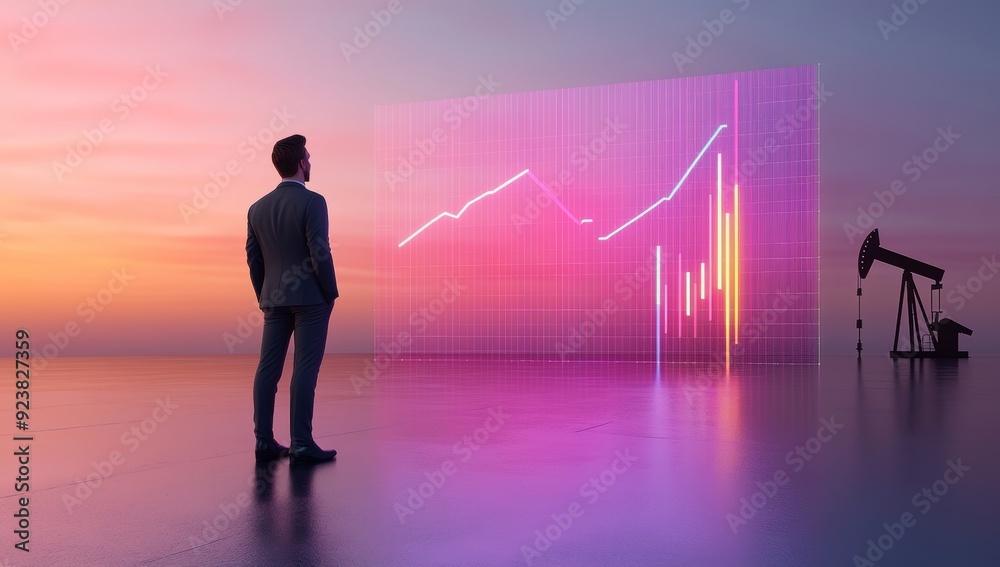Fototapeta premium Businessman in Suit Looking at Oil Mockup on Stock Chart Background with Pump Jacks