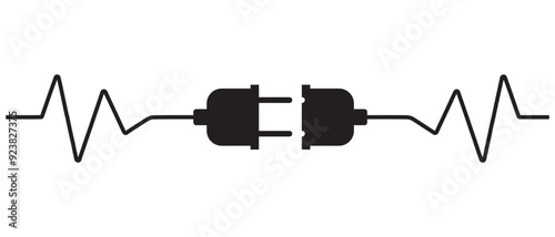 Electric socket with a plug in black color.  Electric plug and outlet socket unplugged. Connection and disconnection concept with wire, cable. Vector on isolated white background. 