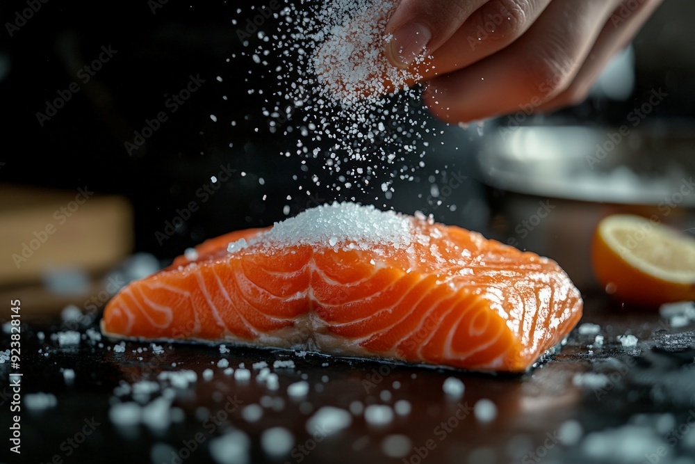 A close-up shot of a chef's hand sprinkling salt over a fresh, raw salmon fillet, highlighting the preparation of this gourmet dish. A close-up shot of a chef's hand sprinkling salt over a fresh, raw salmon fillet, highlighting the preparation of this gourmet dish.