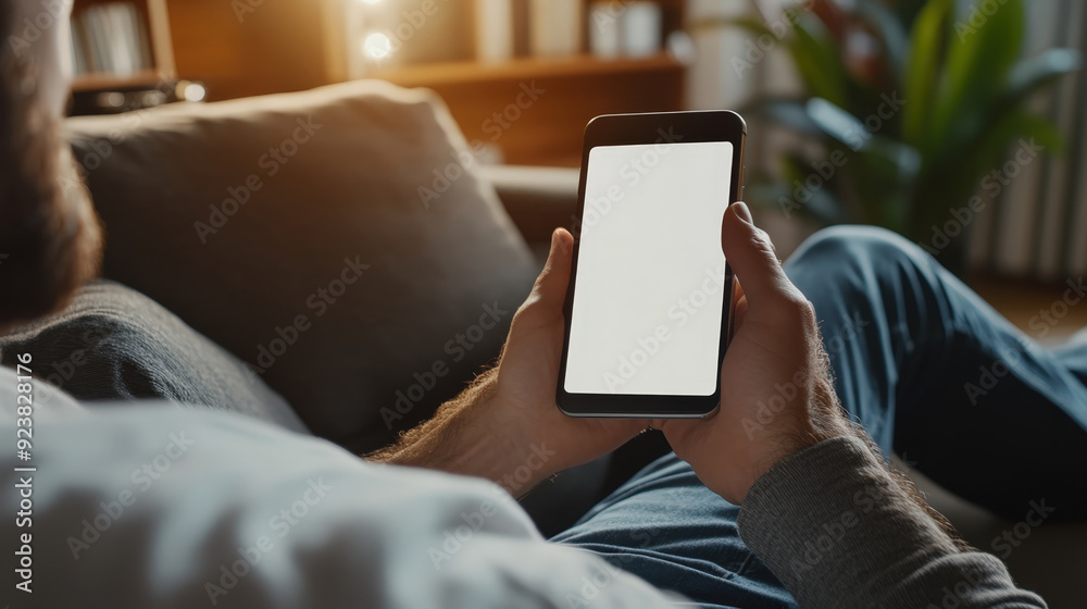 Person Holding Smartphone with Blank White Screen at Home