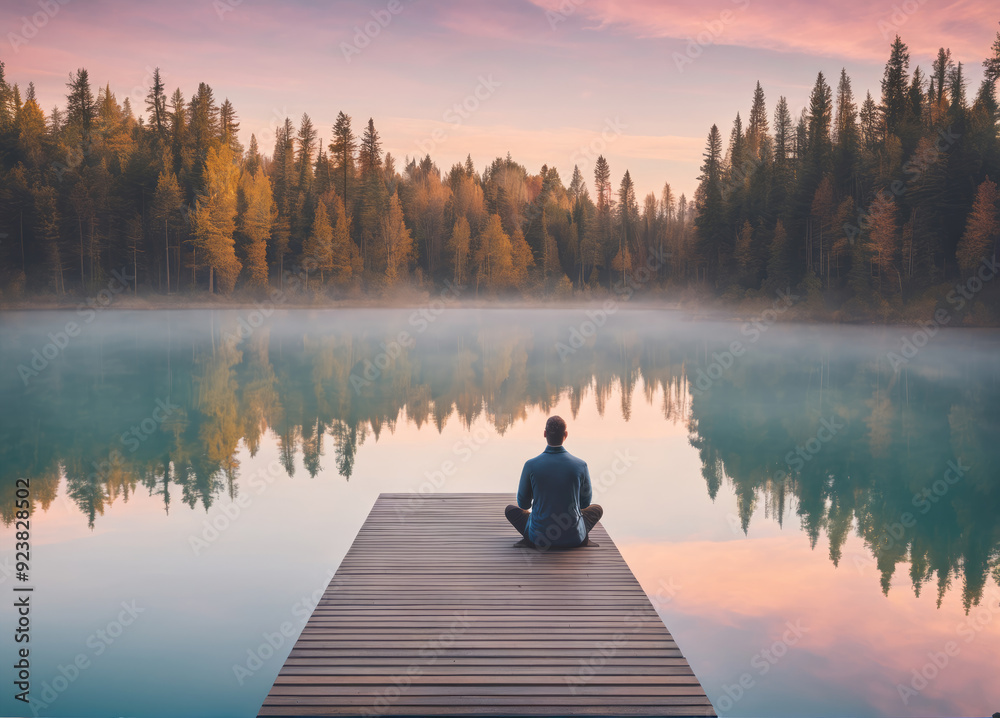 Person Sitting Calmly on Pier Overlooking Serene Lake Surrounded by Autumn Forest at Dawn Person Sitting Calmly on Pier Overlooking Serene Lake Surrounded by Autumn Forest at Dawn