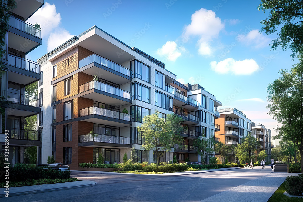 A low rise modern apartment buildings architecture city day.
