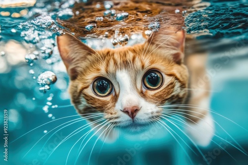 Orange cat swimming underwater with curious eyes