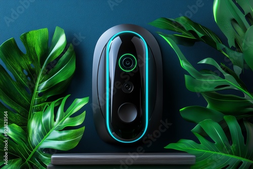 A futuristic smart doorbell equipped with AI-driven facial recognition and a built-in camera that streams live footage to the homeowner's smart device photo