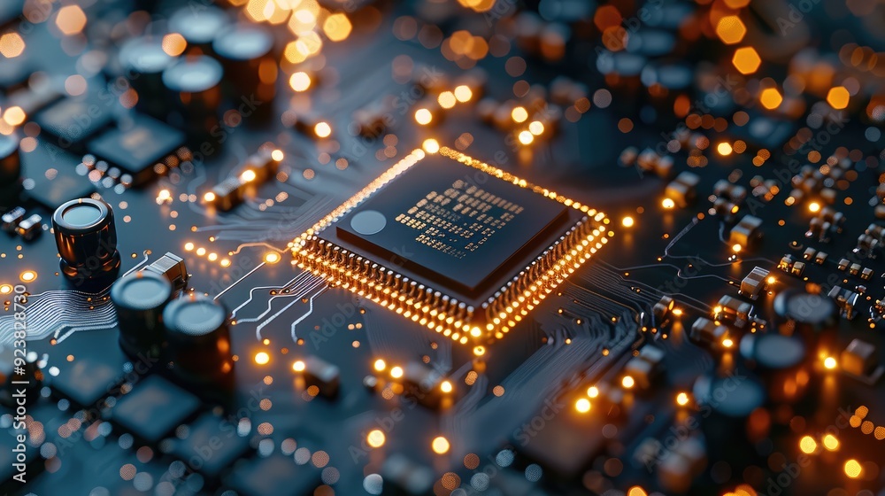 A close up of an advanced chip on the circuit board, showcasing its intricate design and high-tech features. The blue background creates contrast with warm lighting. Generative AI.