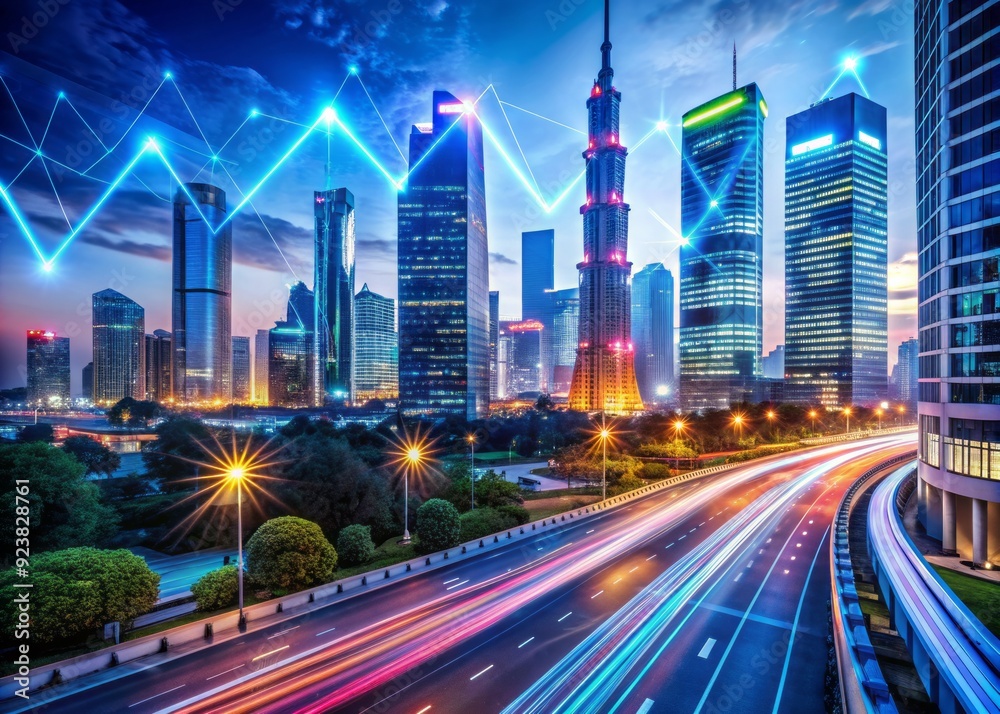 Obraz premium Vibrant cityscape at dusk with speeding cars and neon lights, overlaid with dynamic financial graphs and charts, symbolizing urban economic growth and prosperity.