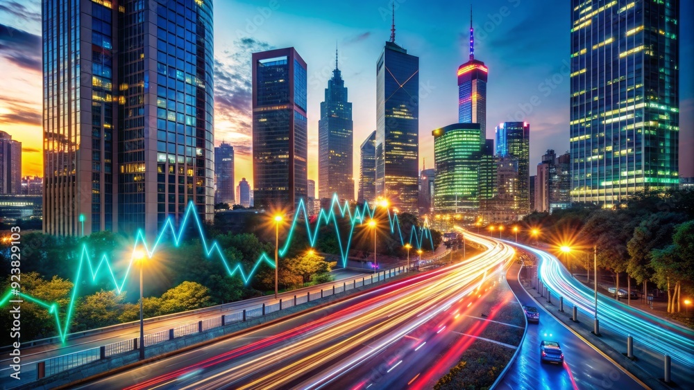 Fototapeta premium Vibrant cityscape at dusk with speeding cars and bright lights, overlaid with dynamic financial graphs and charts, representing the pulsing rhythm of urban economy.