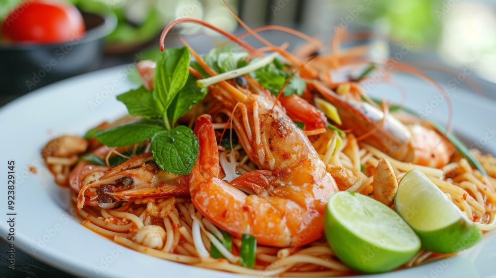 A mouth-watering plate of Spaghetti Tom Yum Seafood A mouth-watering plate of Spaghetti Tom Yum Seafood