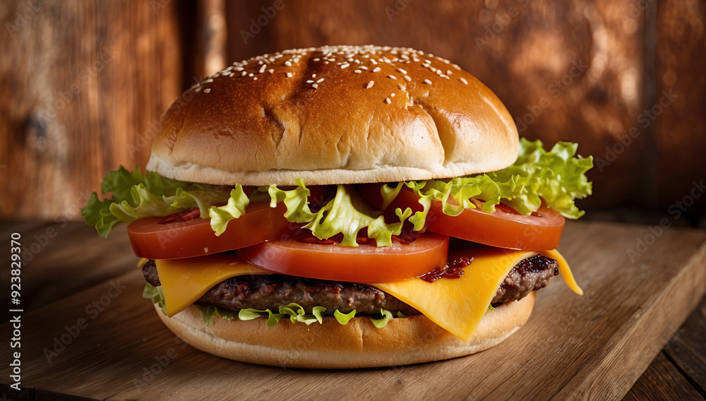 a juicy hamburger nestled within a soft, golden-brown potato bun in rustic wooden background a juicy hamburger nestled within a soft, golden-brown potato bun in rustic wooden background