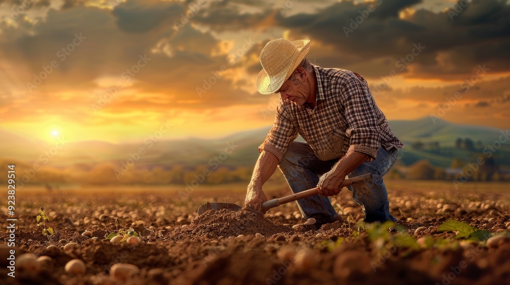 Fototapeta premium A man in a checked shirt and straw hat, working with a shovel in a potato field. The backdrop includes rolling hills and a dramatic sunset. 