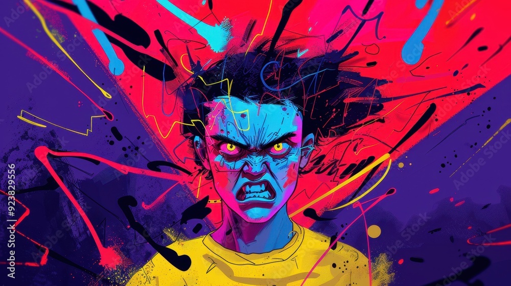 Fototapeta premium Intense Anger in Abstract Whimsical Style - 32k Super Resolution HDRIs with Red and Black Splashes Surrounding Furious Individual