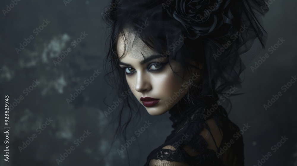 A mysterious lady in a black outfit, dressed for a Halloween party, with a dark and moody background