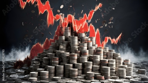 Stacked coins with falling red forex graph on dull scenery. Emergency, downturn and fall idea