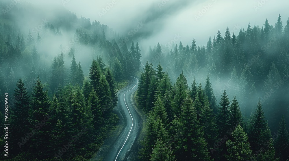 Winding road through dense pine forest, morning mist creating a mystical atmosphere. taken from an elevated position. Generative AI. Winding road through dense pine forest, morning mist creating a mystical atmosphere. taken from an elevated position. Generative AI.