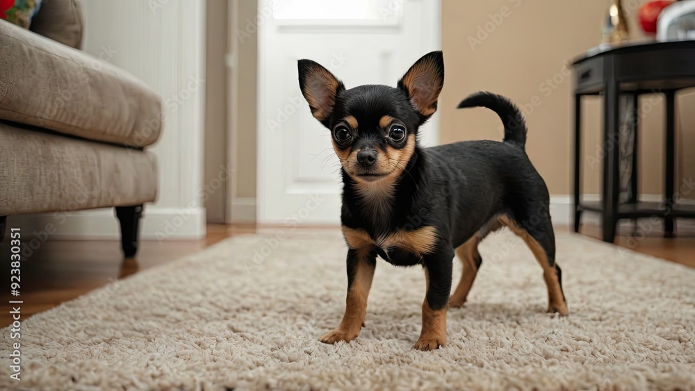 Black and tan smooth coat chihuahua dog in the living room Black and tan smooth coat chihuahua dog in the living room