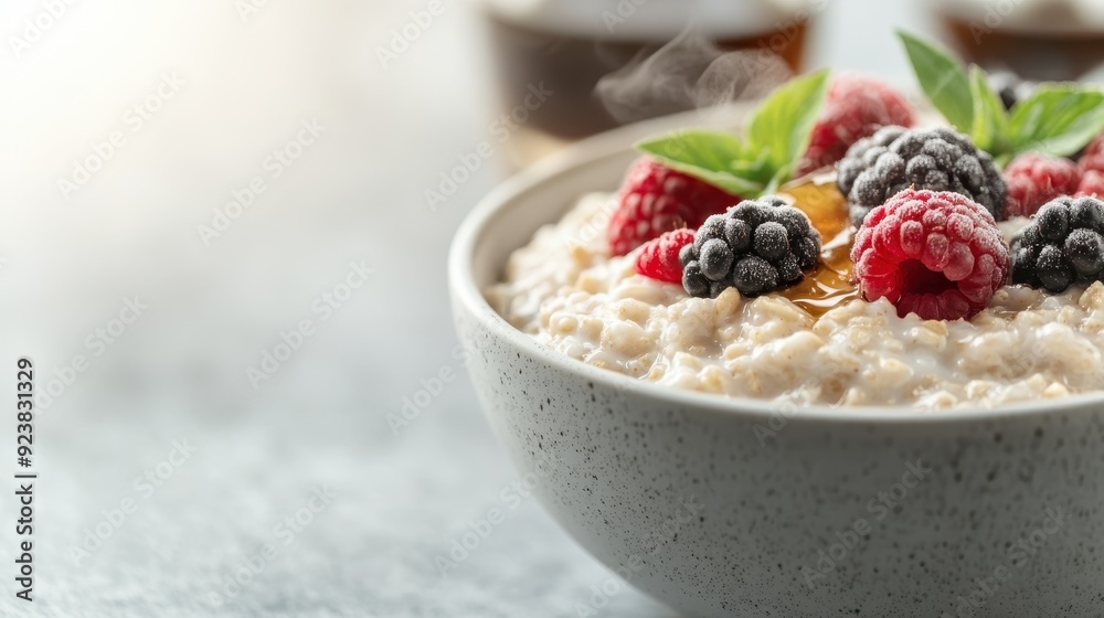 A bowl of steaming oatmeal topped with fresh raspberries, blueberries, and mint leaves. It's a healthy and visually appealing breakfast option ideal for starting the day.
