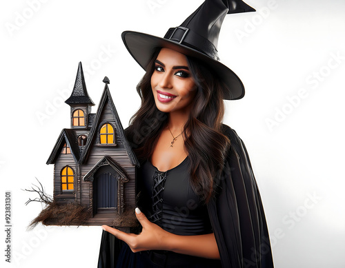  Halloween Witch with Haunted House- A festive image featuring a Halloween witch with a haun_1(342) photo