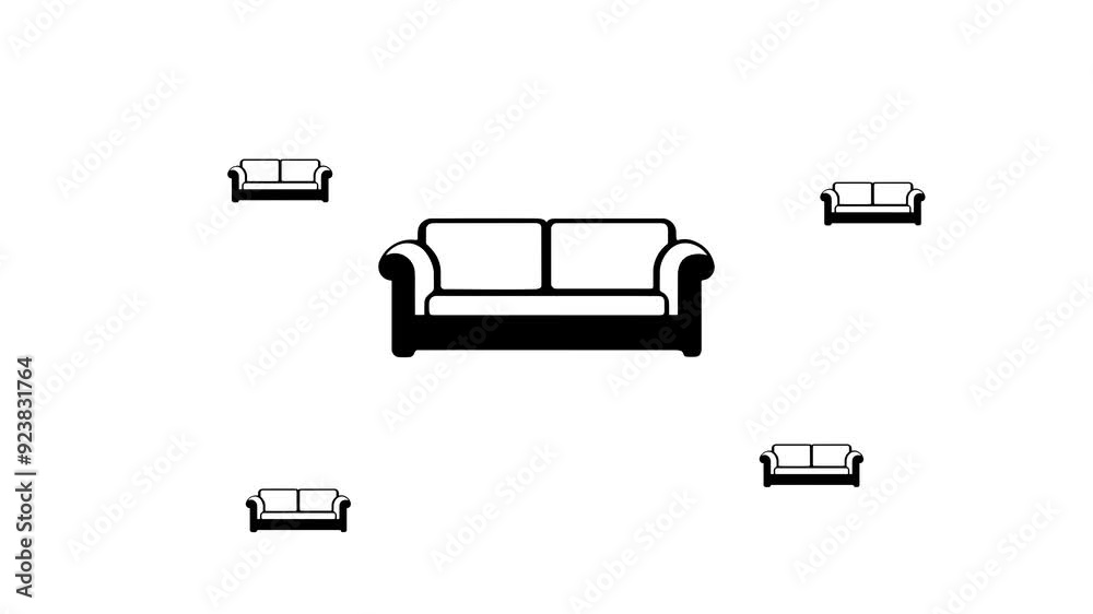 Zoom in and out animation the sofa symbol. Large black symbol in the center and four small symbols around. Seamless looped 4k animation on white background