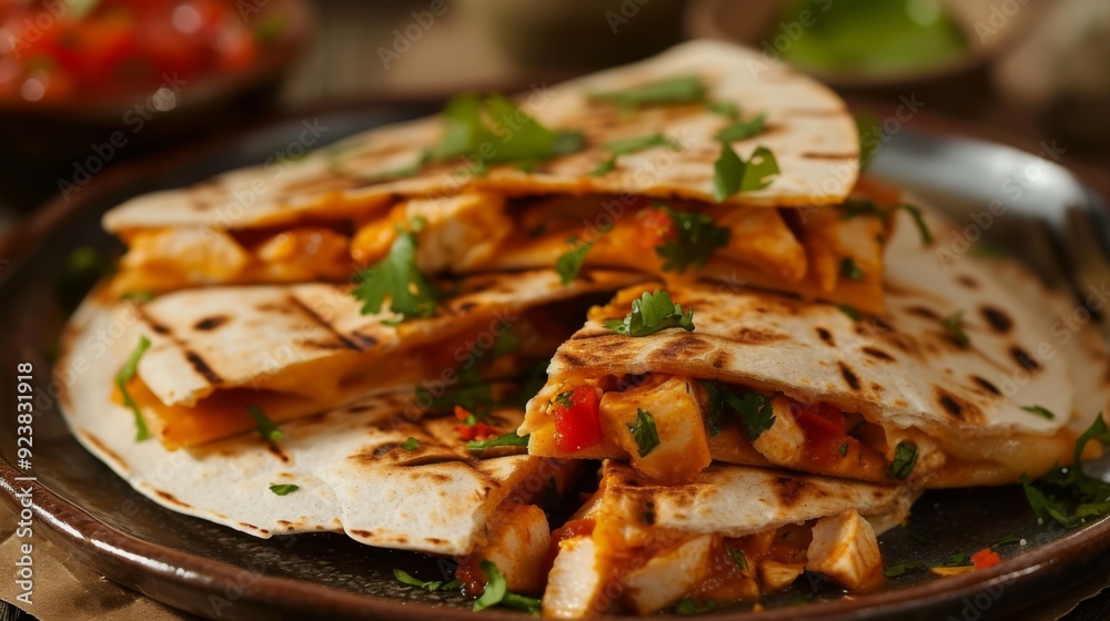 A delicious chicken quesadilla, cut into wedges, on a rustic plate with salsa on the side A delicious chicken quesadilla, cut into wedges, on a rustic plate with salsa on the side