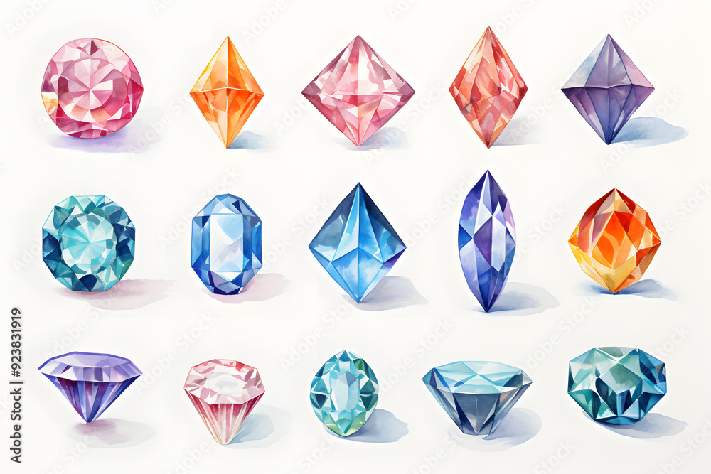 Fototapeta premium Watercolor crystal gems set. Hand drawn illustration isolated on white background