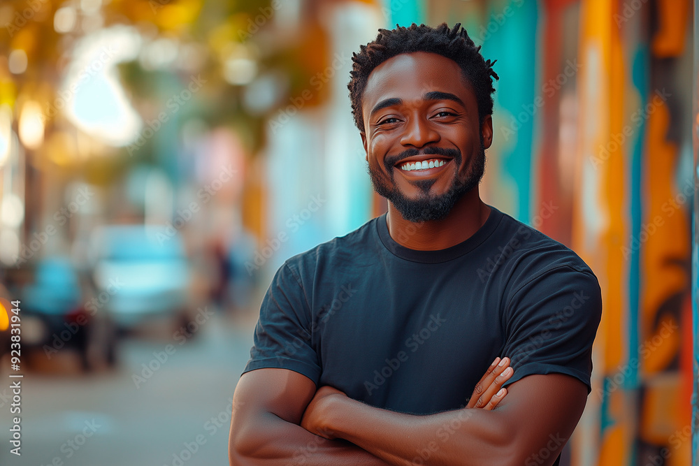 A man with a big smile on his face is standing on a street. He is wearing a black shirt and has his arms crossed. A man with a big smile on his face is standing on a street. He is wearing a black shirt and has his arms crossed.